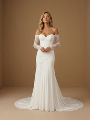 Off the Shoulder Lace Long Sleeve Corset Bridal Gown with Ruched