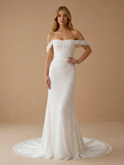 Off the Shoulder Sequins Mermaid Wedding Dress with Sweep Train