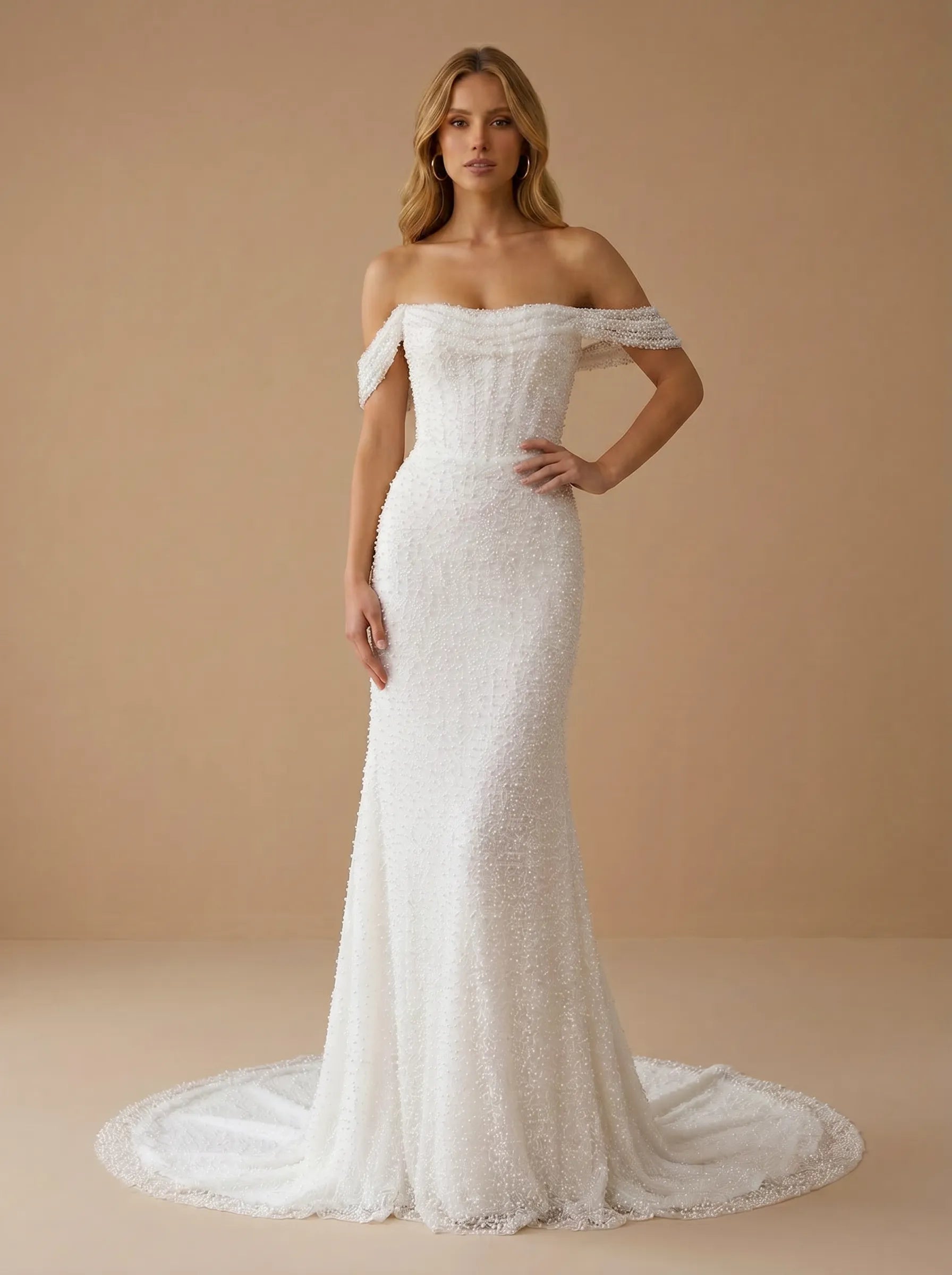 Off the Shoulder Sequins Mermaid Wedding Dress with Sweep Train