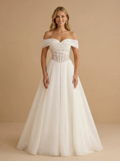 Off the Shoulder Ruched Organza Flowy A-Line Wedding Gown