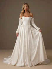 Off the Shoulder Satin Long Sleeves 3D Floral Ball Gown with Corset