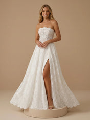 Ivory Strapless Lace Applique Sheer Illusion Bodice Wedding Dress with Slit