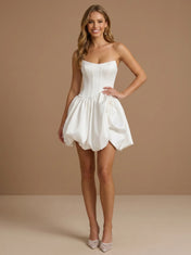 Strapless Satin Puff Mini Bridal Wedding Dress with Corset Bodice