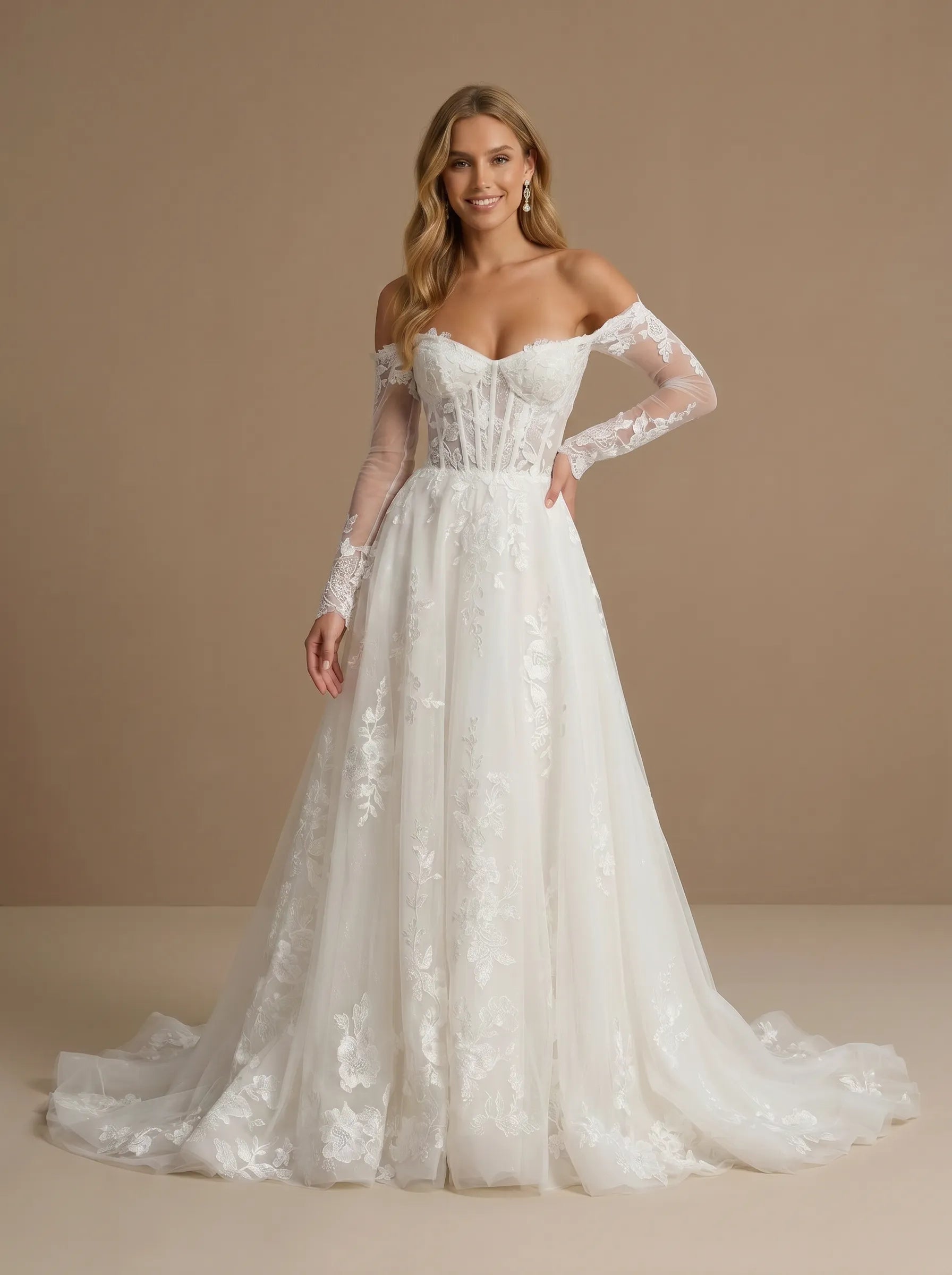 Off the Shoulder Lace Applique A Line Wedding Dress with Long Sleeves