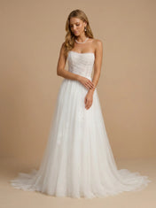 White Strapless Floral Lace Ruched Tulle Wedding Gown