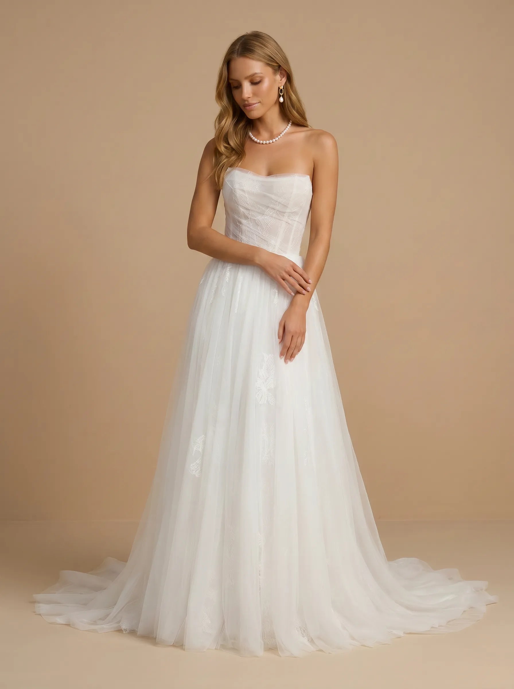 White Strapless Floral Lace Ruched Tulle Wedding Gown