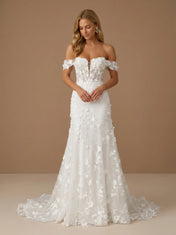 Off the Shoulder 3D Floral Lace Mermaid Wedding Gown with Corset
