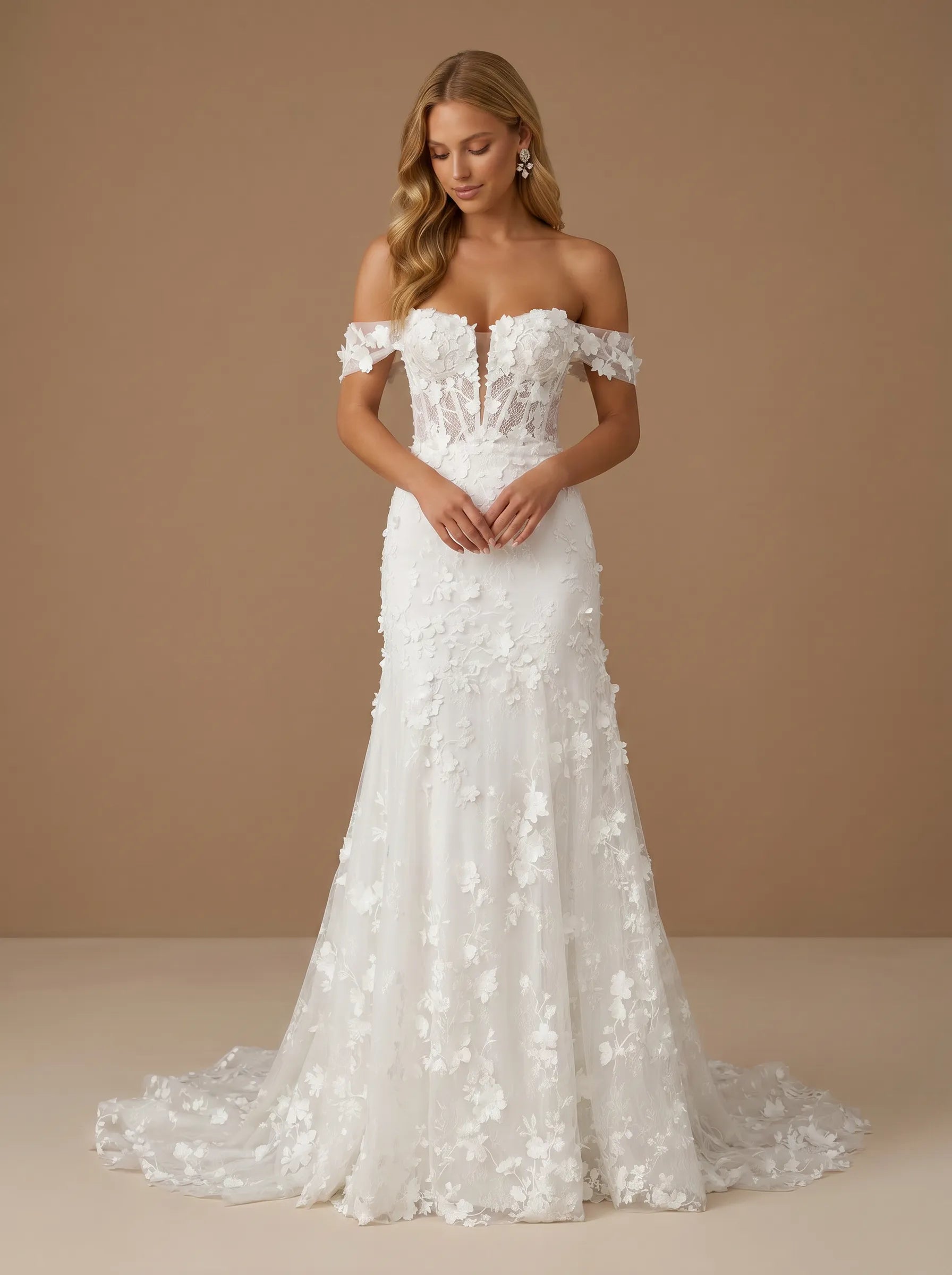 Off the Shoulder 3D Floral Lace Mermaid Wedding Gown with Corset
