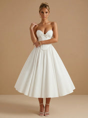 Strapless Sweetheart Satin Corset Tea-Length Bridal Dress with Bow