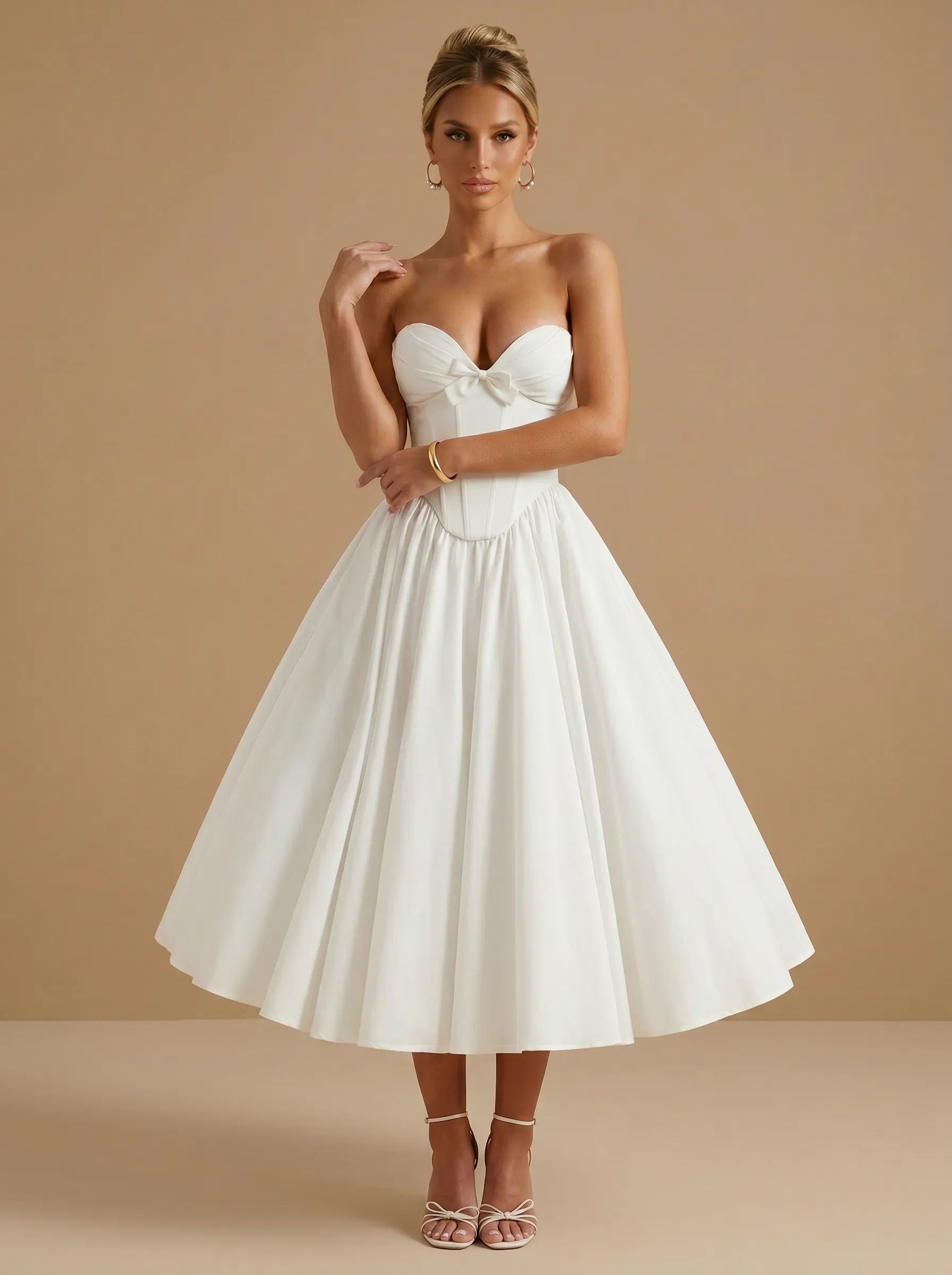 Strapless Sweetheart Satin Corset Tea-Length Bridal Dress with Bow