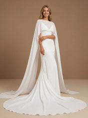 Scoop Neck Satin Mermaid Floor-Length Wedding Gown with Cape