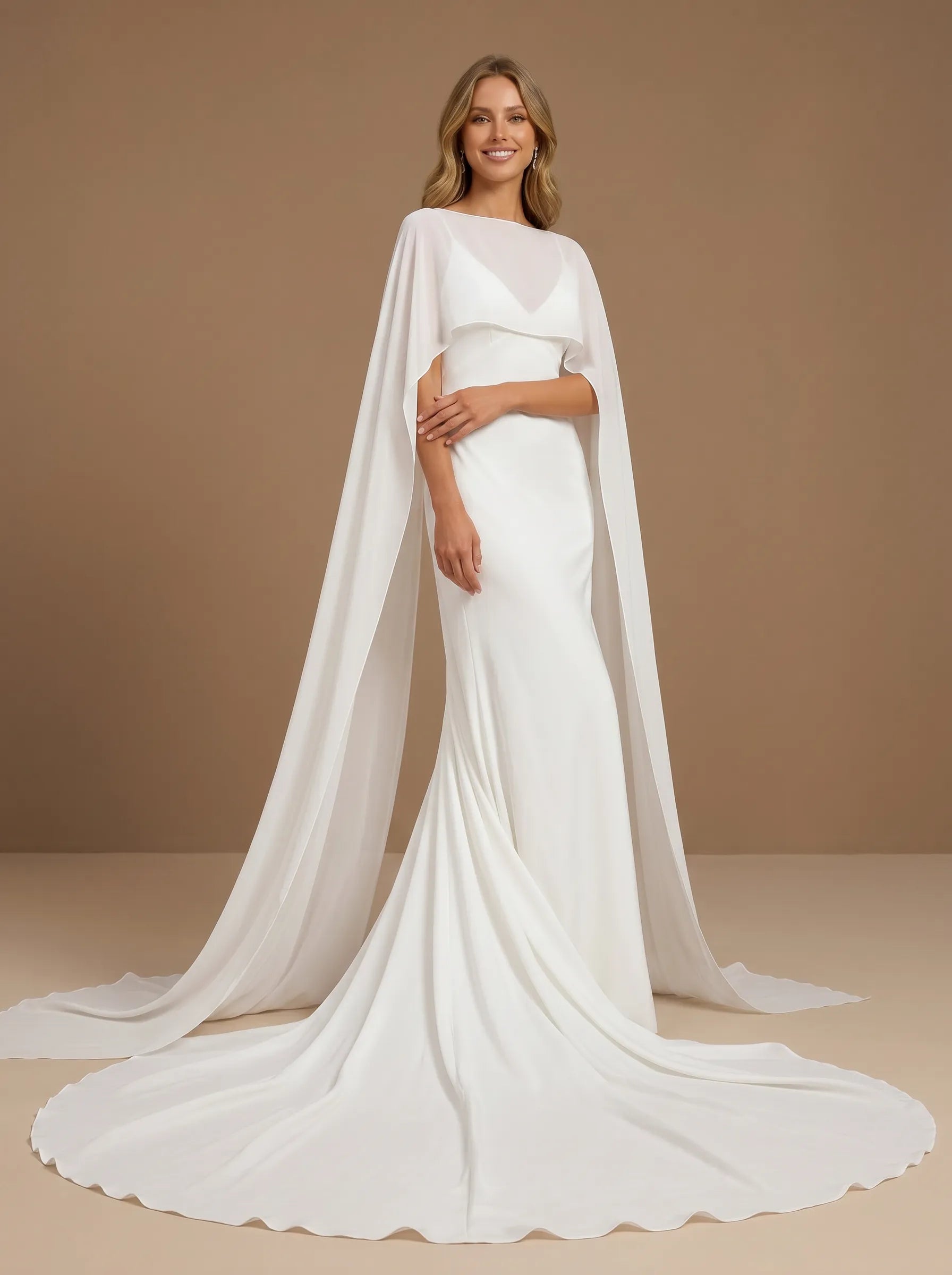 Scoop Neck Satin Mermaid Floor-Length Wedding Gown with Cape