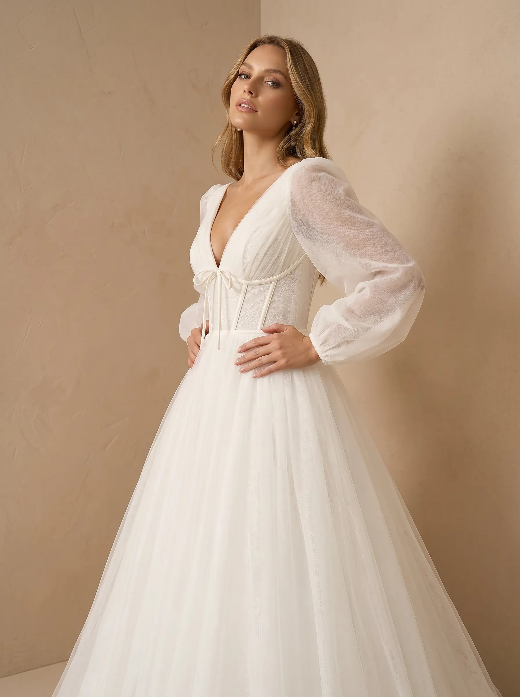 V-Neck Long Puff Lantern Sleeves Tulle Corset Bridal Gown