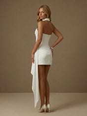 Strapless Cowl Neck Satin Bridal Mini Wedding Dress with Corset