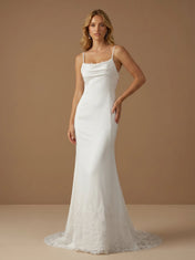 Spaghetti Strap Cowl Neck Satin Mermaid Wedding Gown with Lace Applique