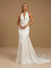 Halter V-Neck Satin Mermaid Criss-Cross Waist Wedding Gown with Train