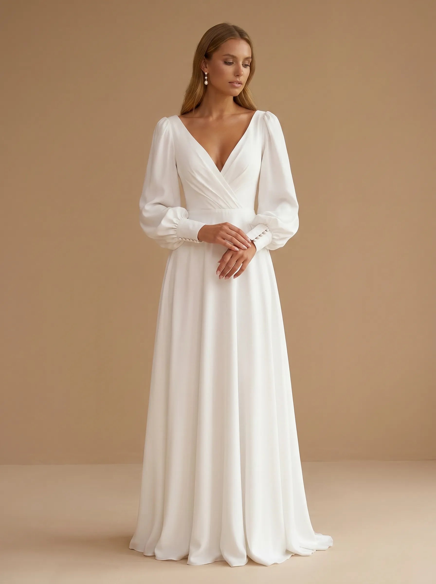 Deep V-Neck Satin A-Line Wedding Gown with Long Lantern Sleeves