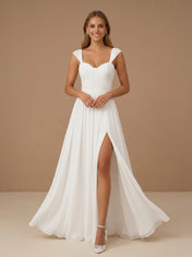 Sweetheart Neck Ruched Chiffon Wedding Gown with High Slit