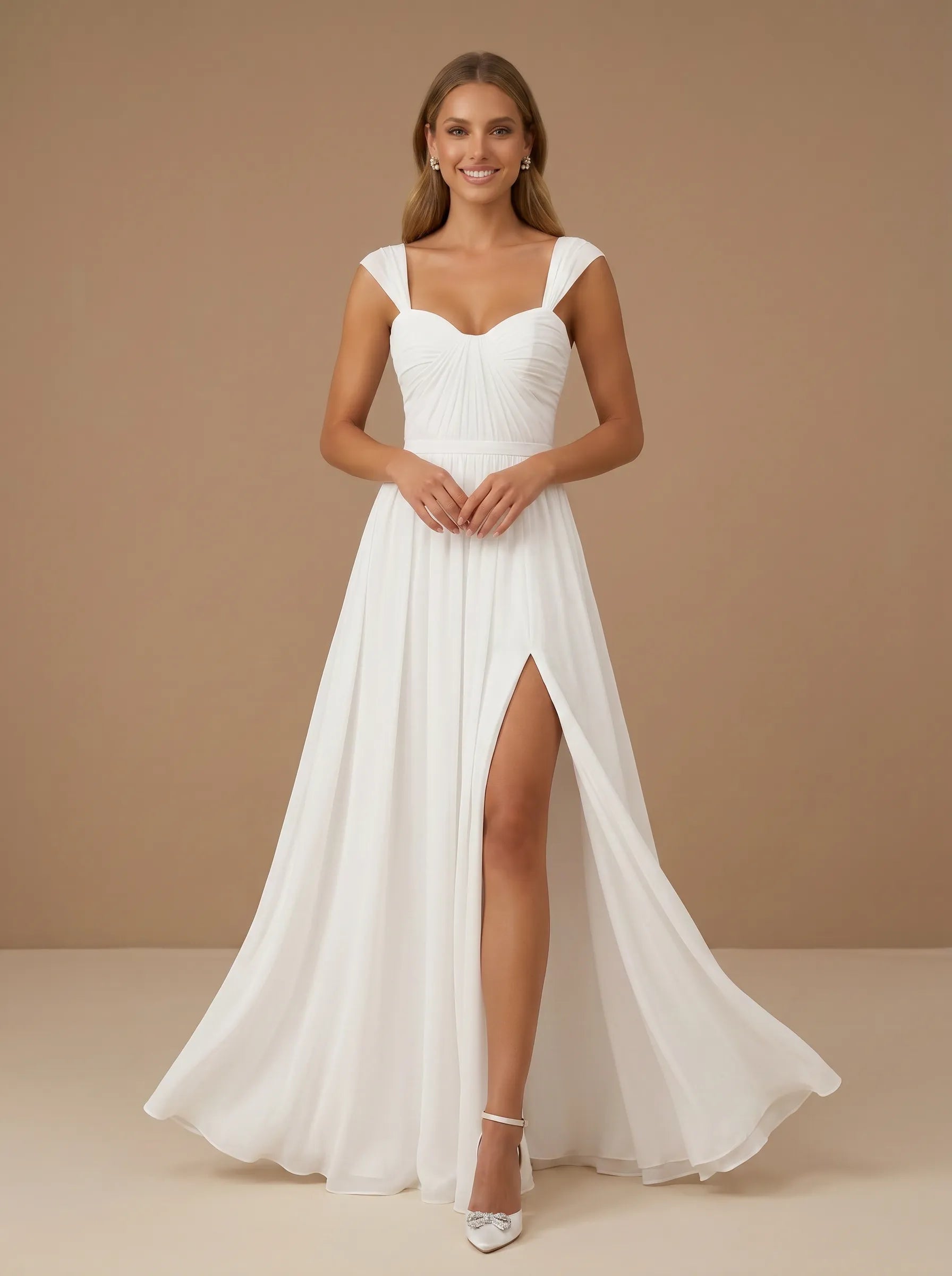 Sweetheart Neck Ruched Chiffon Wedding Gown with High Slit