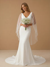 Elegant V-Neck Satin Mermaid Wedding Gown with Cape Sleeves