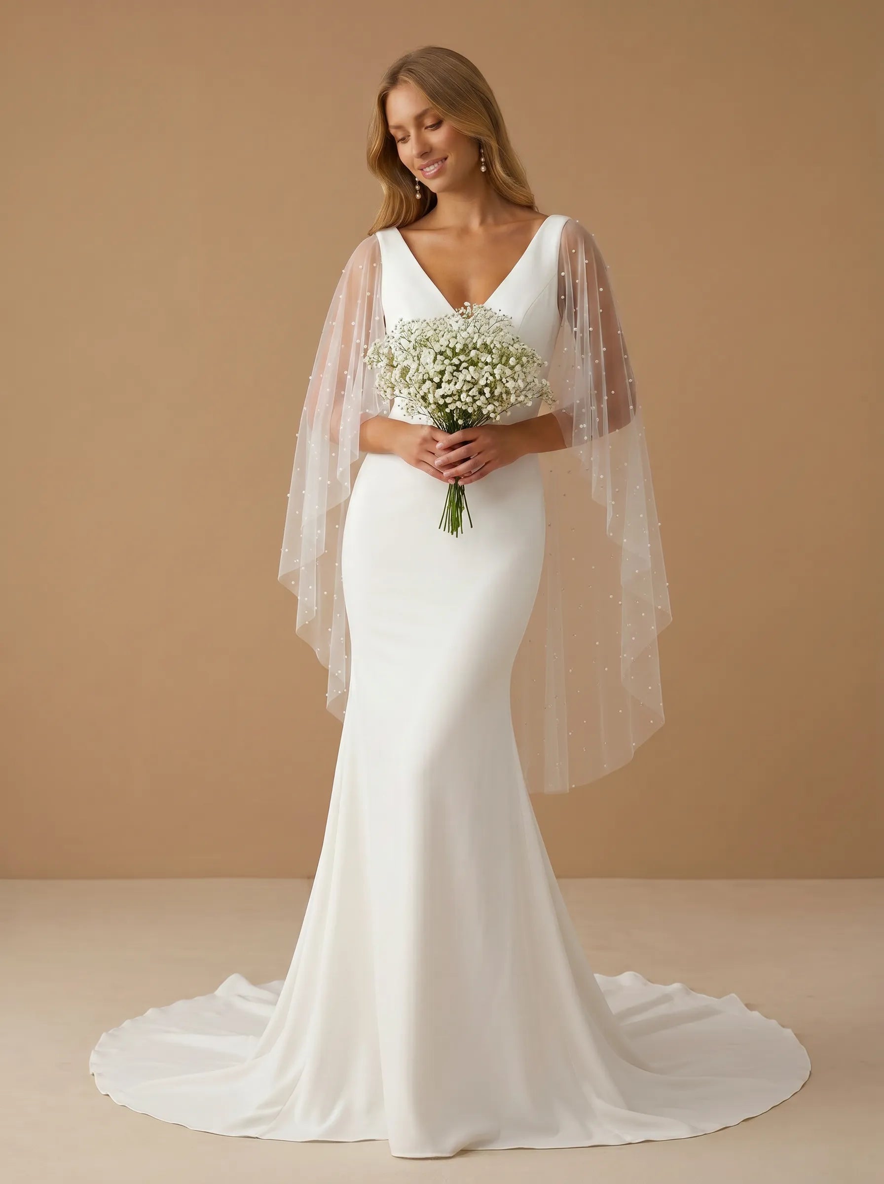 Elegant V-Neck Satin Mermaid Wedding Gown with Cape Sleeves