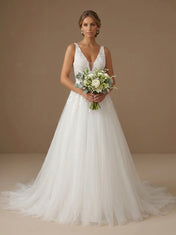 Deep V-Neck Lace Applique Tulle A-Line Bridal Gown