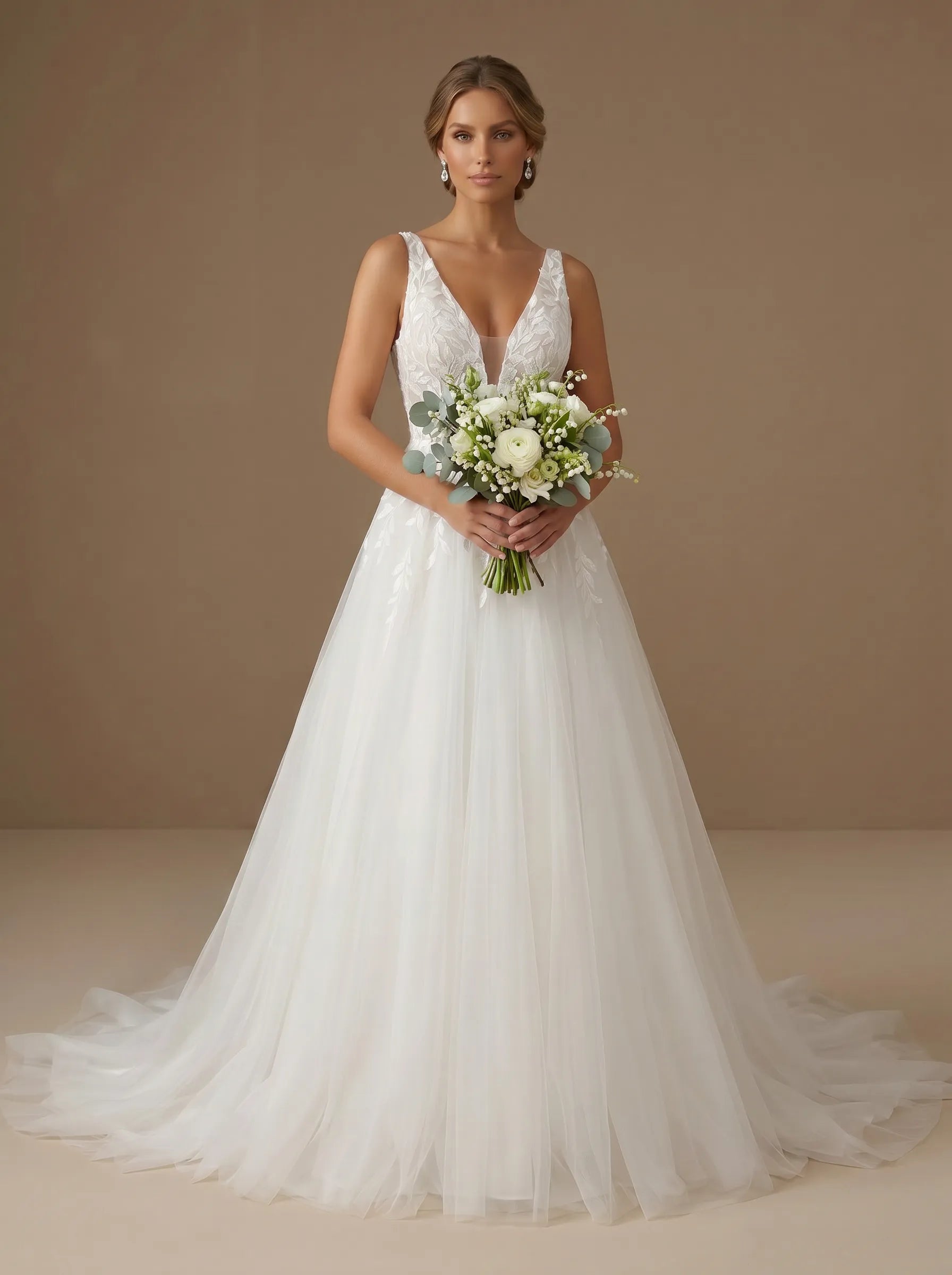 Deep V-Neck Lace Applique Tulle A-Line Bridal Gown