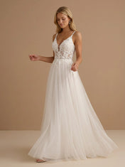 V-Neck Spaghetti Strap Lace Applique Tulle A-Line Bridal Gown