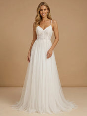 Spaghetti Strap V-Neck Lace Bodice Tulle A-Line Wedding Gown