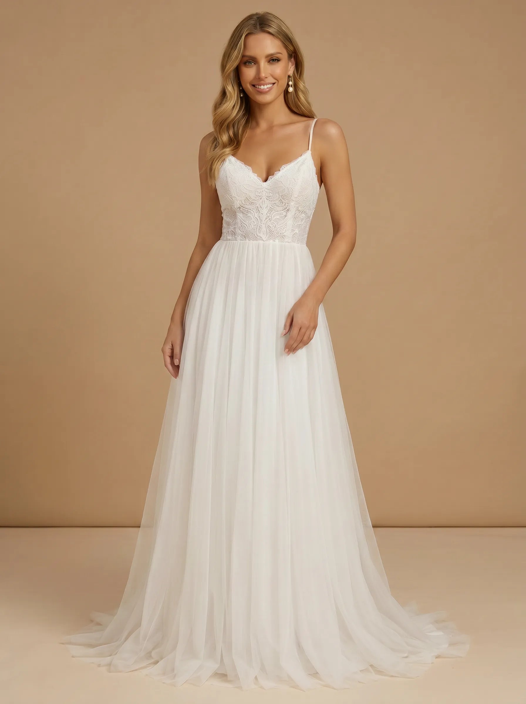 Spaghetti Strap V-Neck Lace Bodice Tulle A-Line Wedding Gown