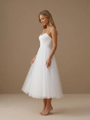 Sweetheart Neck Spaghetti Strap Satin Tea-Length Tulle Bridal Dress