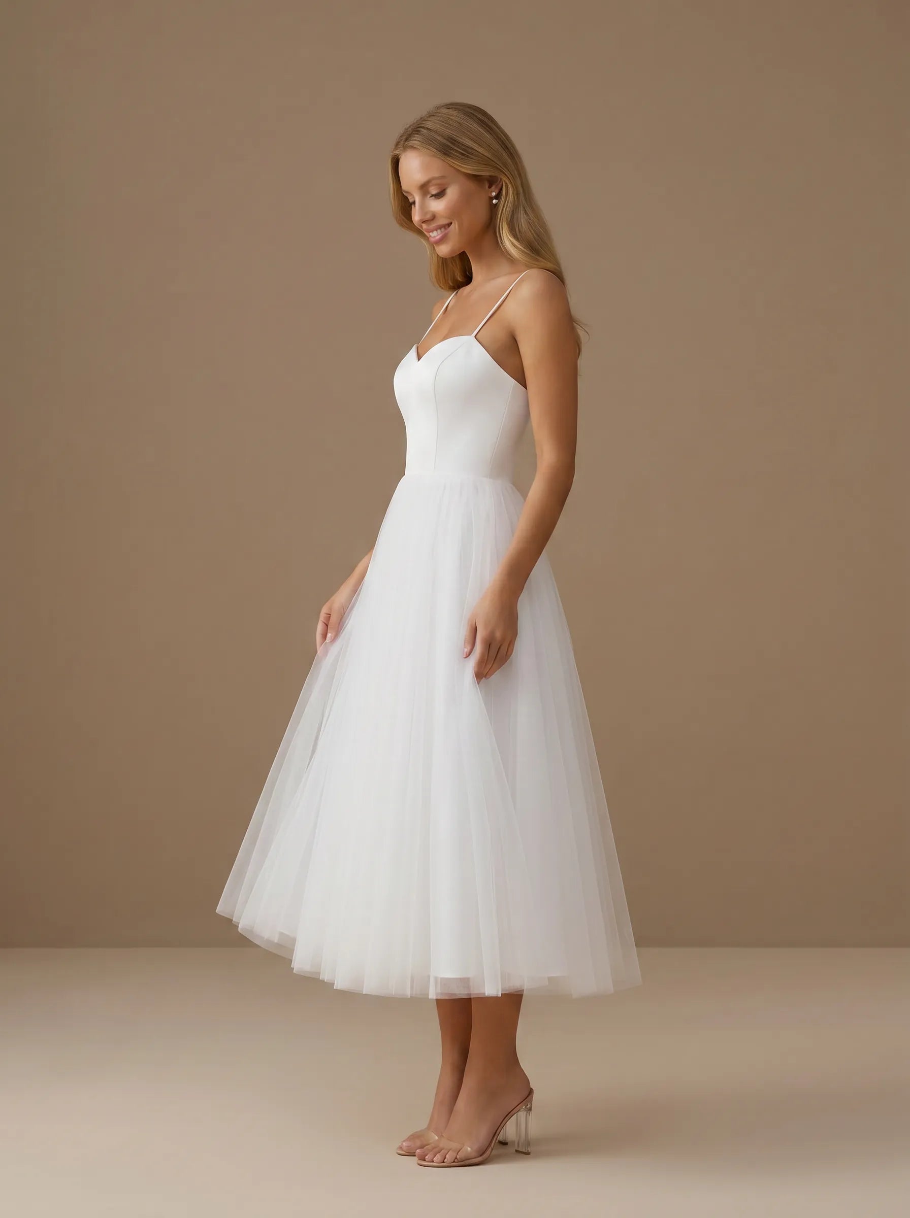 Sweetheart Neck Spaghetti Strap Satin Tea-Length Tulle Bridal Dress
