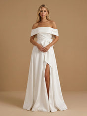 Off the Shoulder High Slit Satin A Line Bridal Gown with Bow