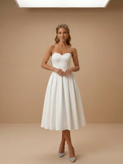 Sweetheart Satin Tea-Length Bridal Dress with Pleat