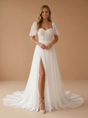 Square Neck Lace High Slit Tulle Wedding Gown with Flutter Sleeves