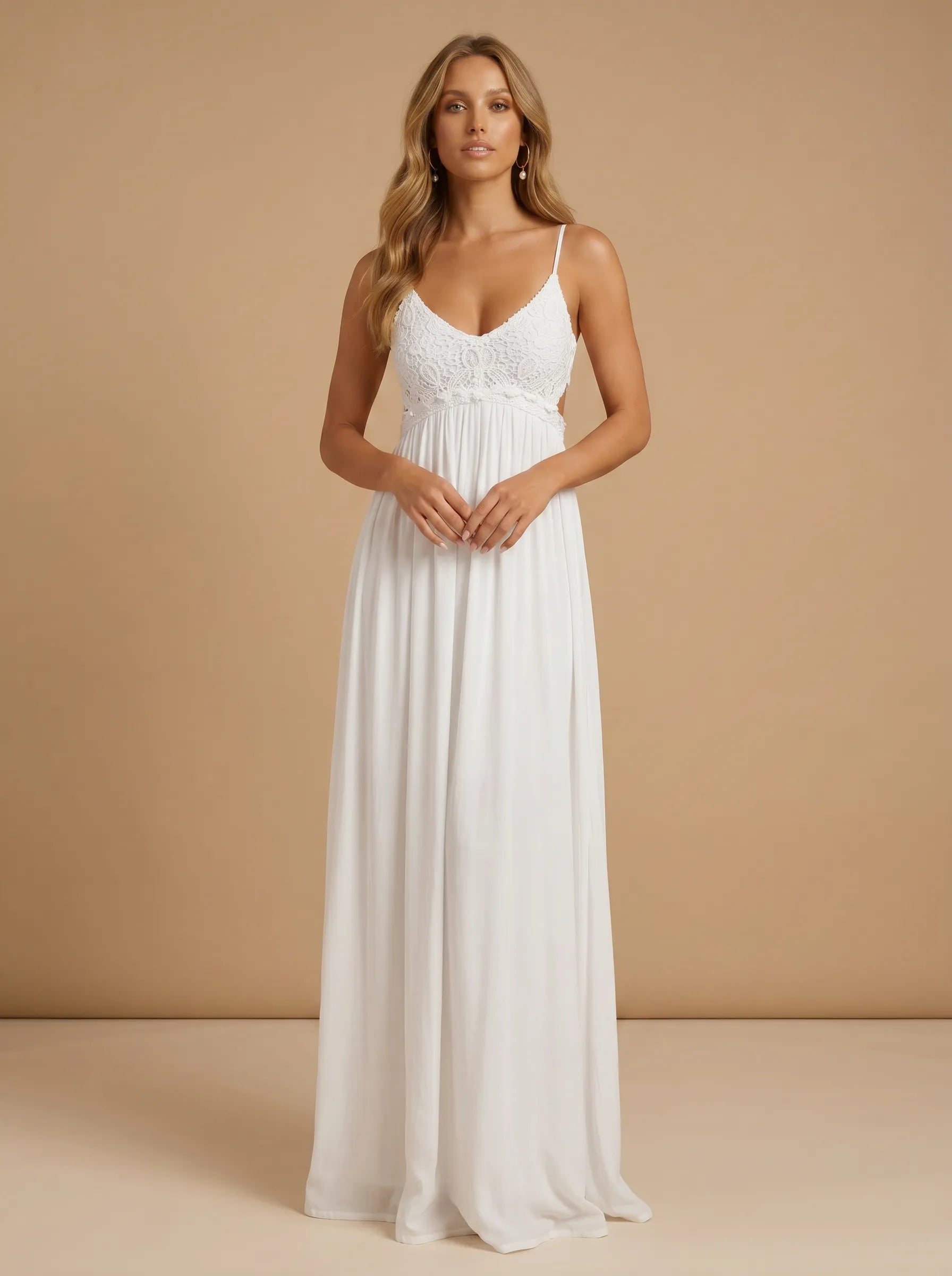 Spaghetti Strap V-Neck Lace Applique Chiffon Wedding Gown