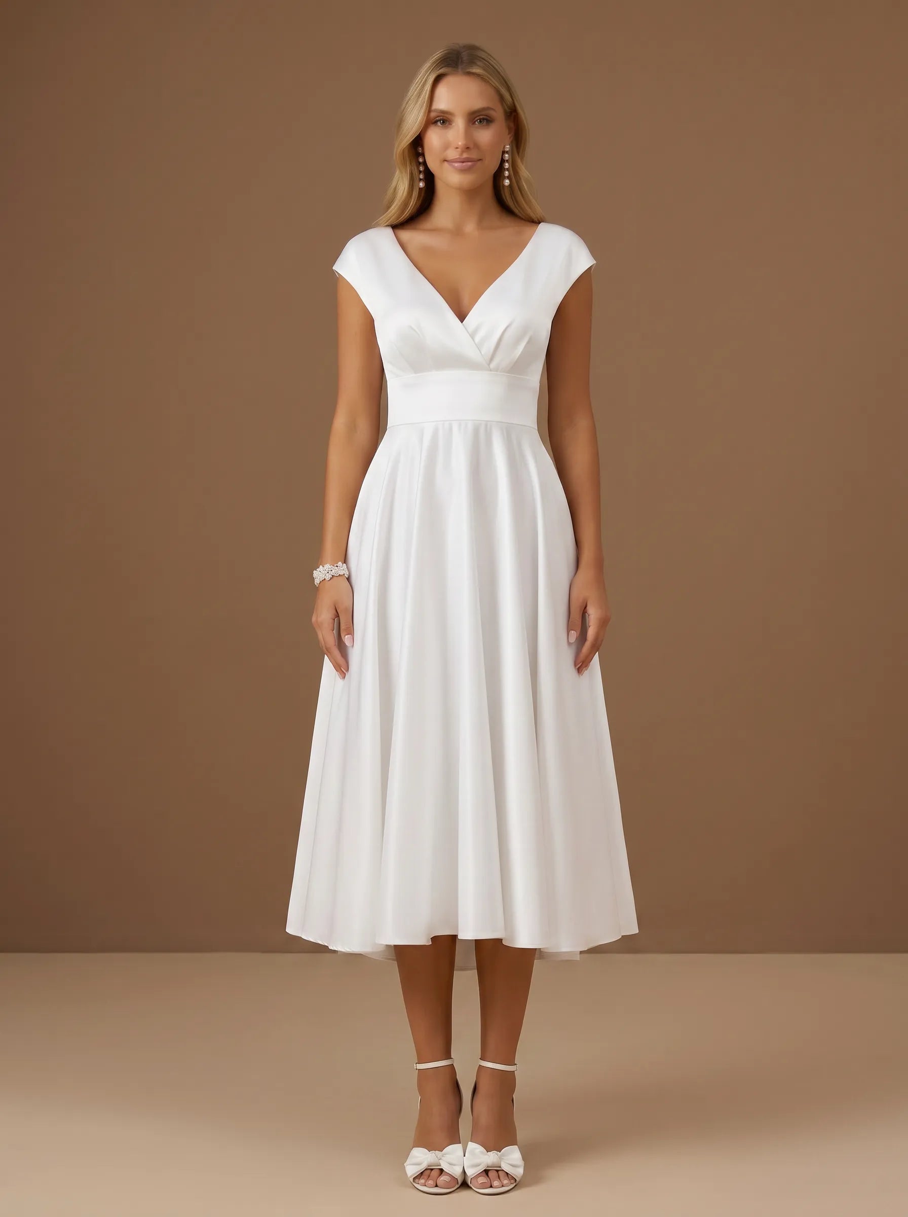 V-Neck Satin Tea-Length A-Line Bridal Dress with Cap Sleeves