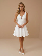V-Neck Satin A-Line Mini Bridal Wedding Dress with Bow