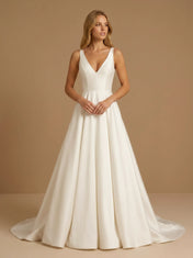 Elegant A-Line V-Neck Satin Wedding Gown with Pockets