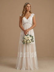 V-Neck Lace Applique Tiered Tulle A-Line  Wedding Gown with Cap Sleeves