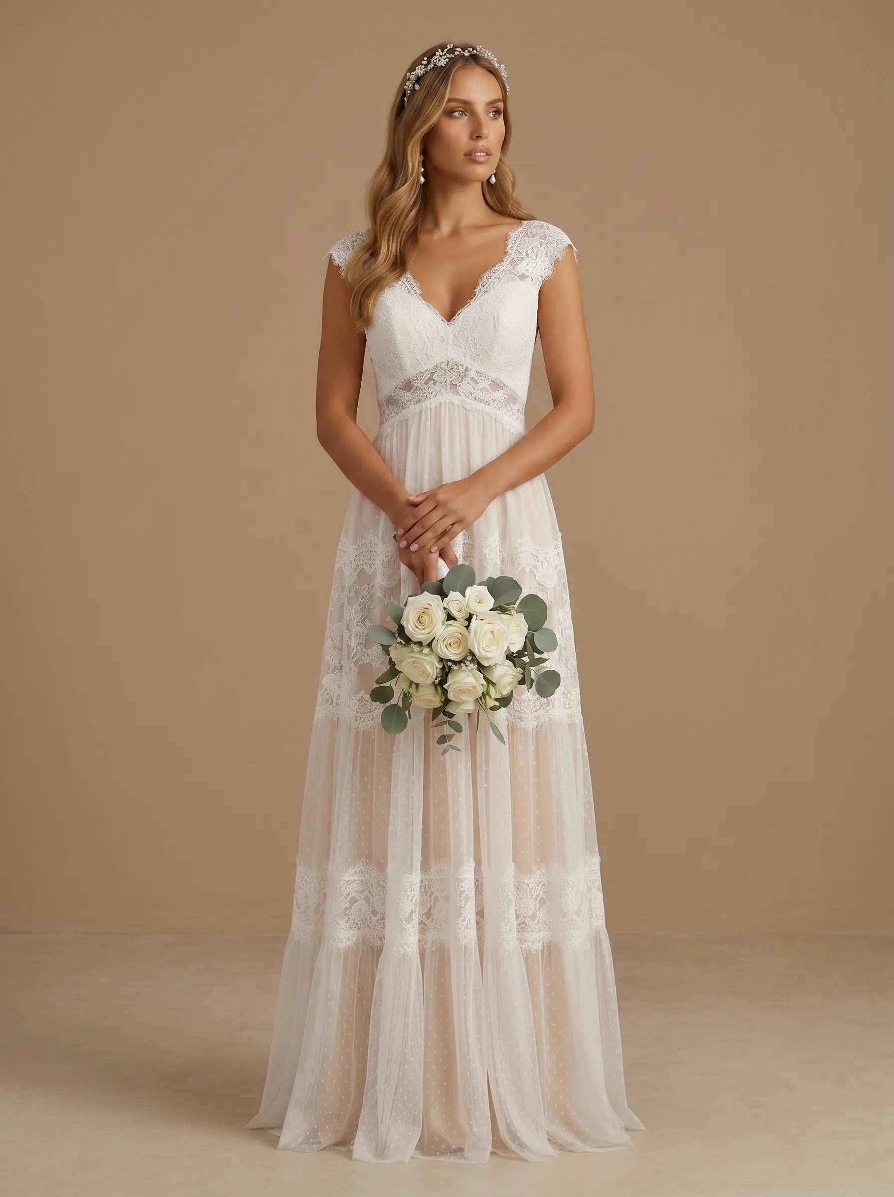 V-Neck Lace Applique Tiered Tulle A-Line  Wedding Gown with Cap Sleeves