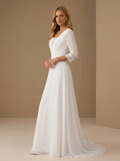 Elegant V-Neck 3/4 Sleeve A Line Wedding Gown with Pleat