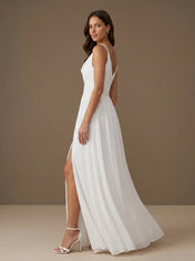 Cowl Neck High Slit Spaghetti Straps A-Line Chiffon Bridal Gown