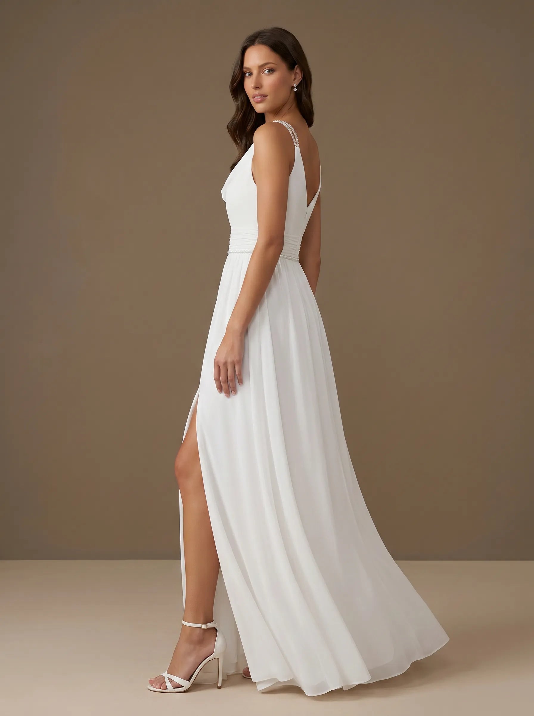 Cowl Neck High Slit Spaghetti Straps A-Line Chiffon Bridal Gown
