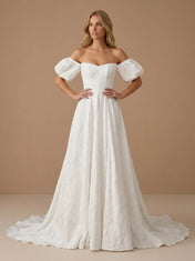 Off the Shoulder Puff Sleeve Sweetheart A-Line Wedding Gown with High Slit
