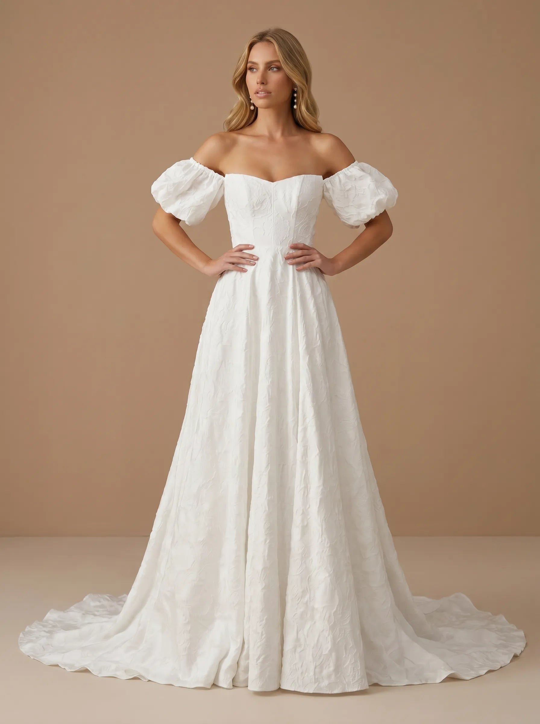 Off the Shoulder Puff Sleeve Sweetheart A-Line Wedding Gown with High Slit