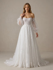 Off the Shoulder Long Sleeve Tulle A-Line Wedding Gown with Lace Appliques