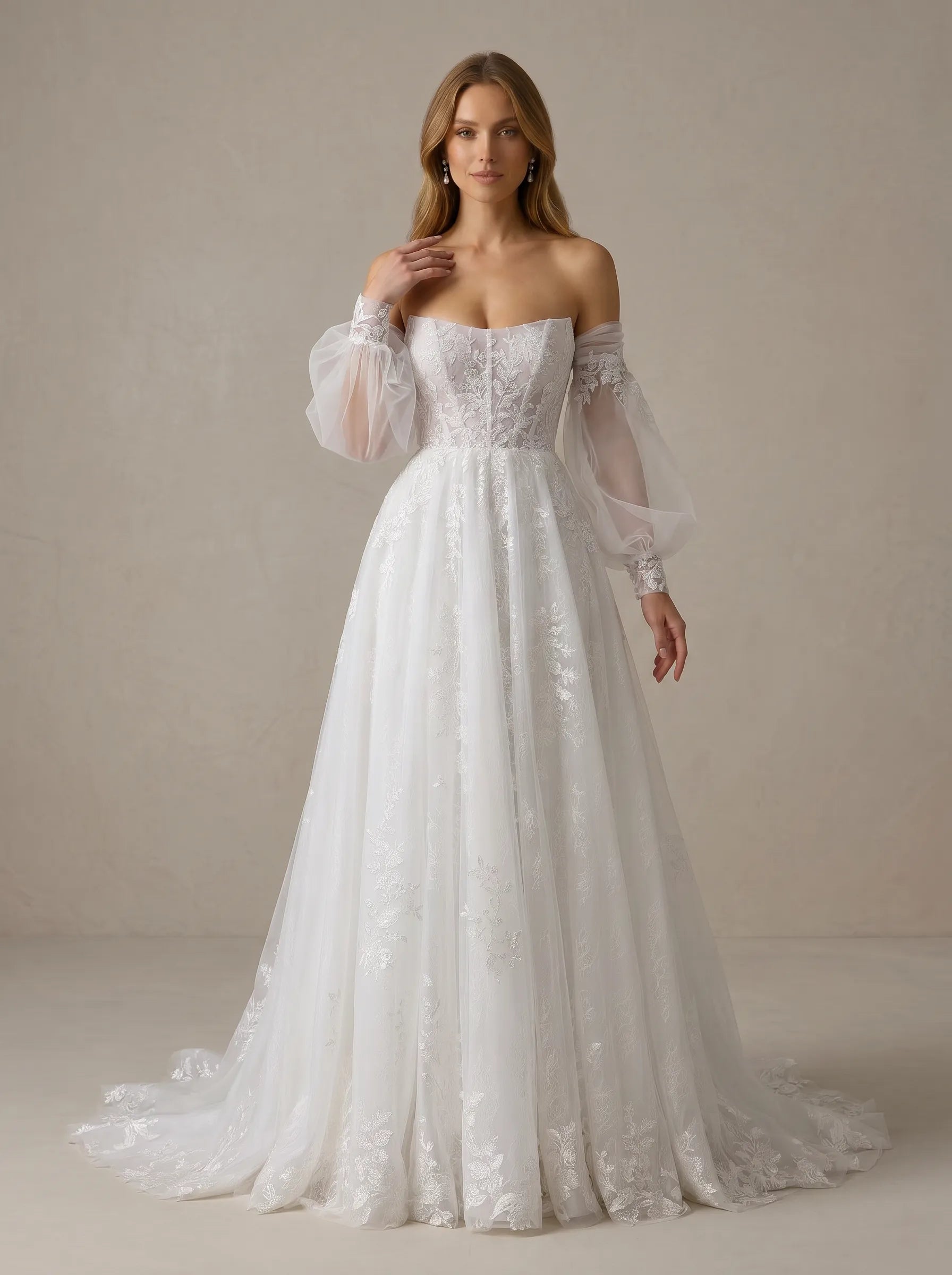 Off the Shoulder Long Sleeve Tulle A-Line Wedding Gown with Lace Appliques