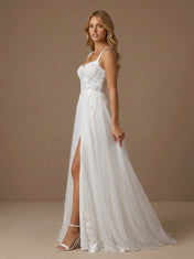 Sweetheart Lace Applique Glitter Tulle Wedding Gown with High Slit