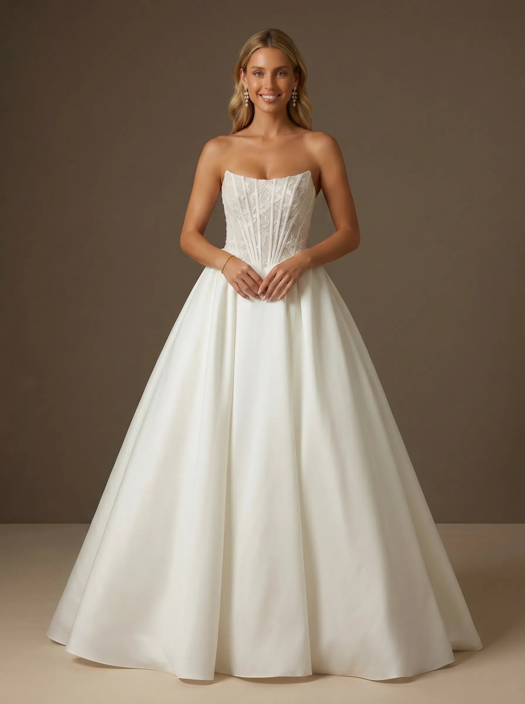 Strapless Lace Applique Corset Satin A-Line Ballgown